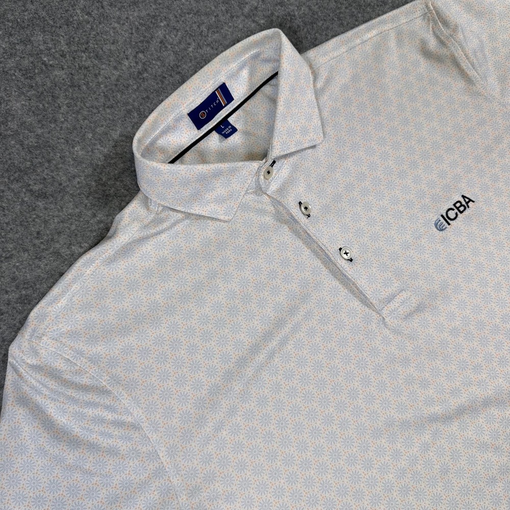 STITCH Golf Polo Shirt Mens Large White Geometric Print ICBA Embroidered Stretch